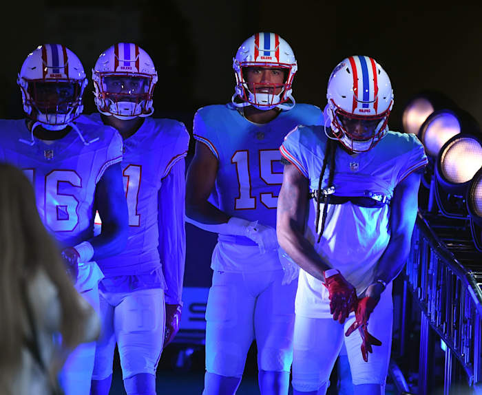 Tennessee Titans receivers walk to the field before the game against the Atlanta Falcons at Nissan Stadium.
